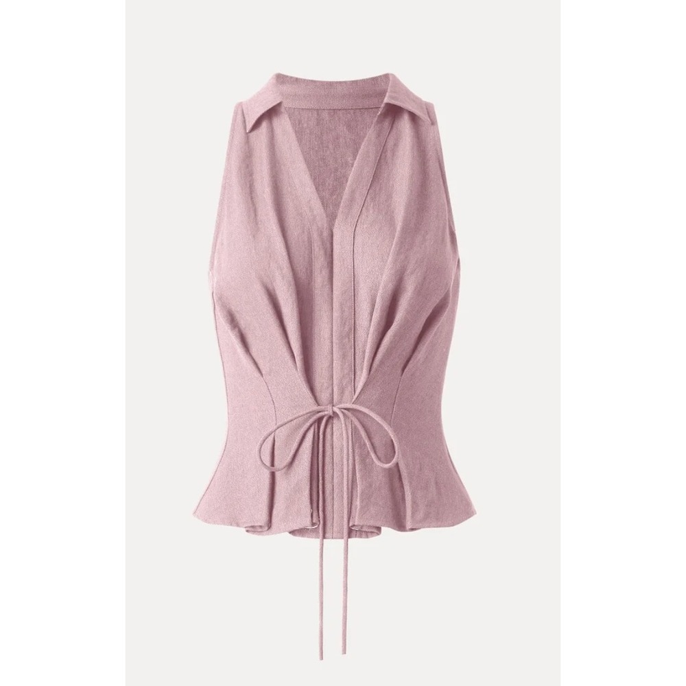 OGL Viscose Linen Collared V-neck Pleated Sleeveless Top Drawstring Pink Sm NEW